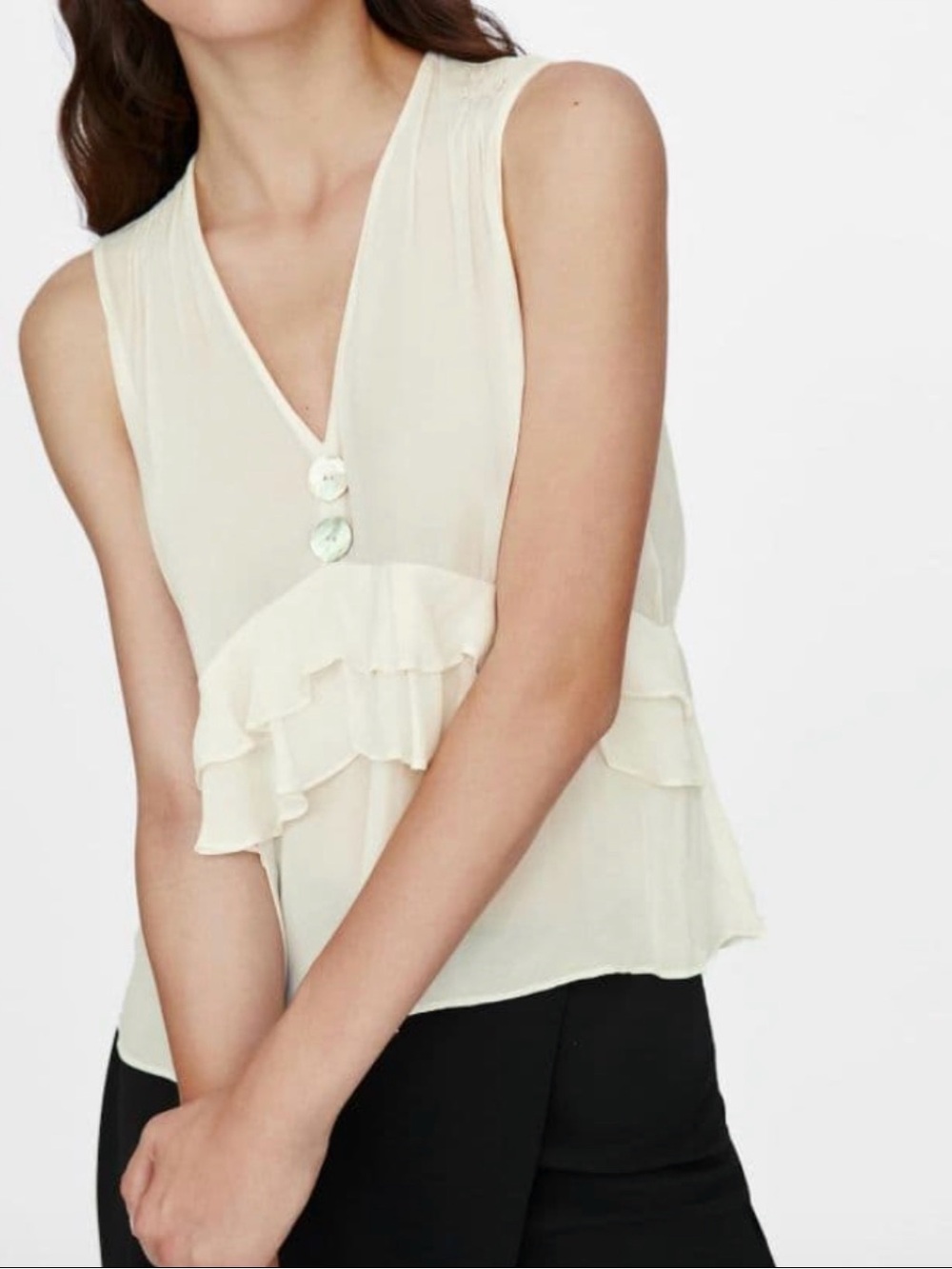 Zara Ivory Sleeveless Tiered Ruffle Blouse V-Neck Top with Pearl Buttons